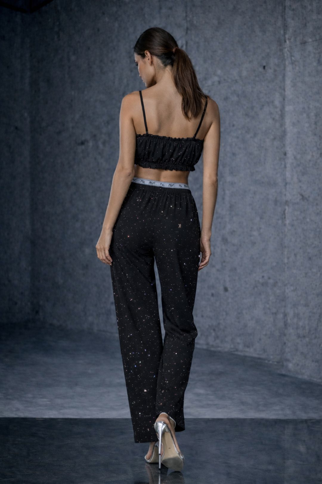 Midnight Full Rhinestone Wide-Leg Trousers