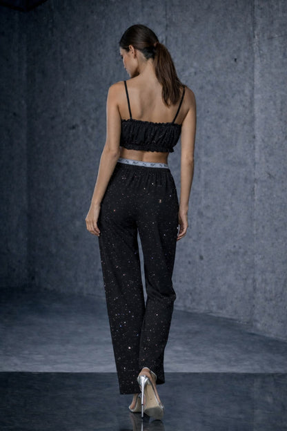 Midnight Full Rhinestone Wide-Leg Trousers
