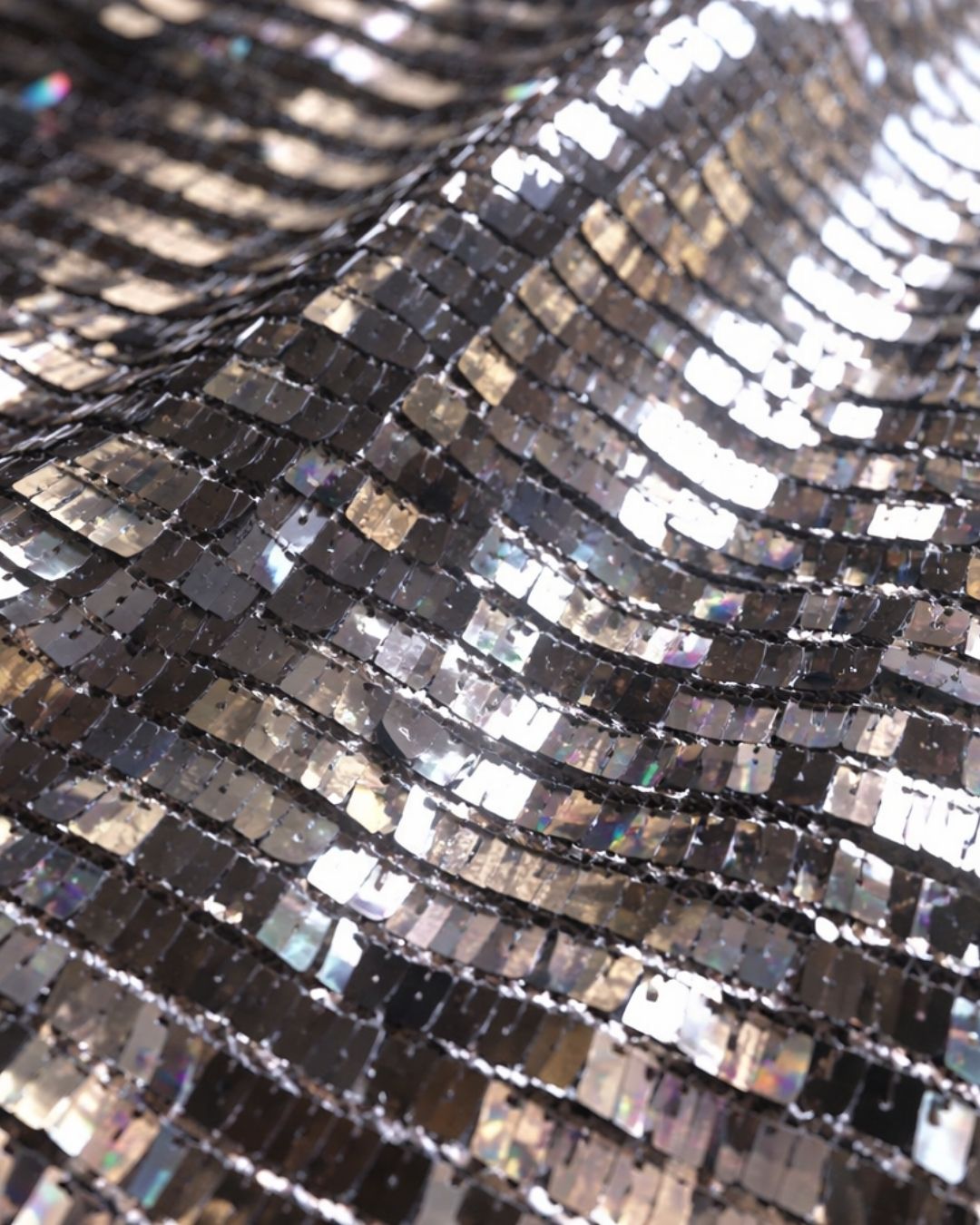 Close-up of FlexyDrip silver sequin skirt showing textured surface with reflective metallic tiles.