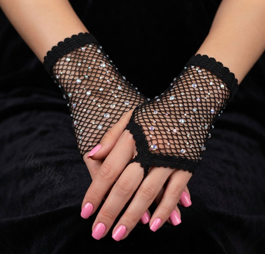 Midnight Pearl & Rhinestone Fishnet Gloves - Rave & Festival Edition