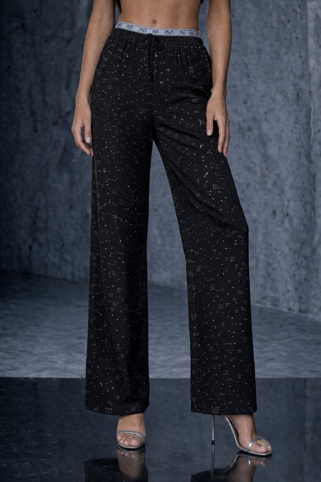 Midnight Full Rhinestone Wide-Leg Trousers