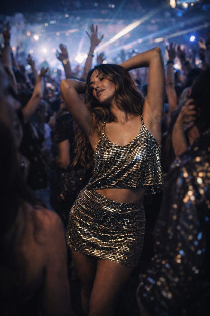 Woman in FlexyDrip liquid gold co-ord set dancing at a concert with arms raised.